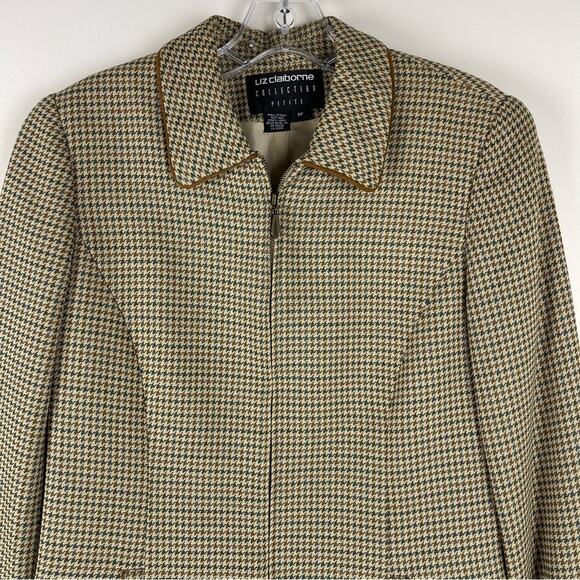 Liz Claiborne tan green check preppy academia houndstooth wool blazer jacket 6P - Picture 2 of 7